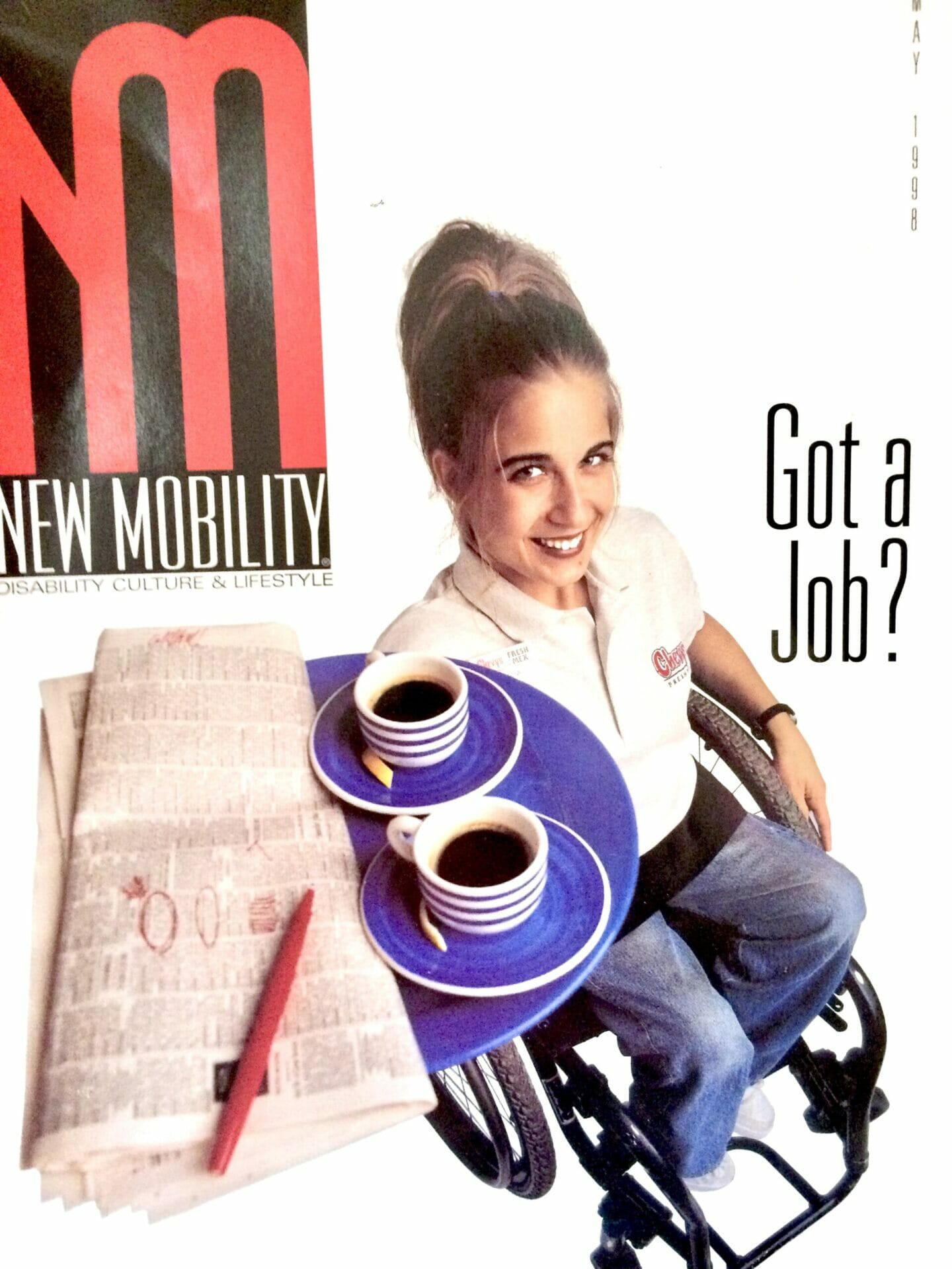 the cover of the new mobility magazine from may 1998 with alycia as a waitress and titled got a job