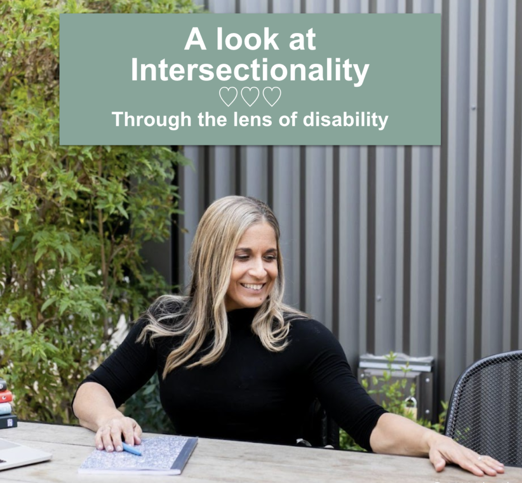 ID: Alycia sitting at a table wearing black looking down with the title of here speech above her head. "A Look at Intersectionality Through the Lens of Disability."