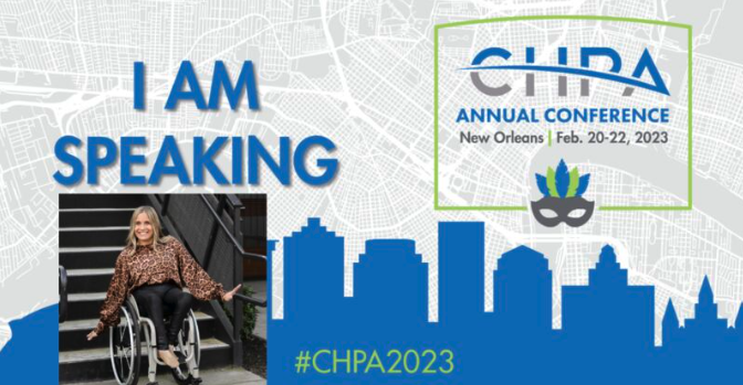 CHPA Annual Conference Announcement I'm speaking announcement in New Orleans Feb 20th-22nd. Photo of Alycia wearing back pants with leopard print blouse in front of stairs with hands out smiling.