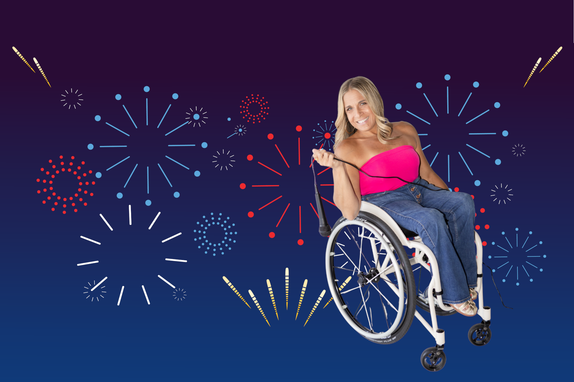 alycia anderson sitting in her wheelchair wearing a hot pink tube top and blue jeans holding a microphone in front of a field of firework graphics